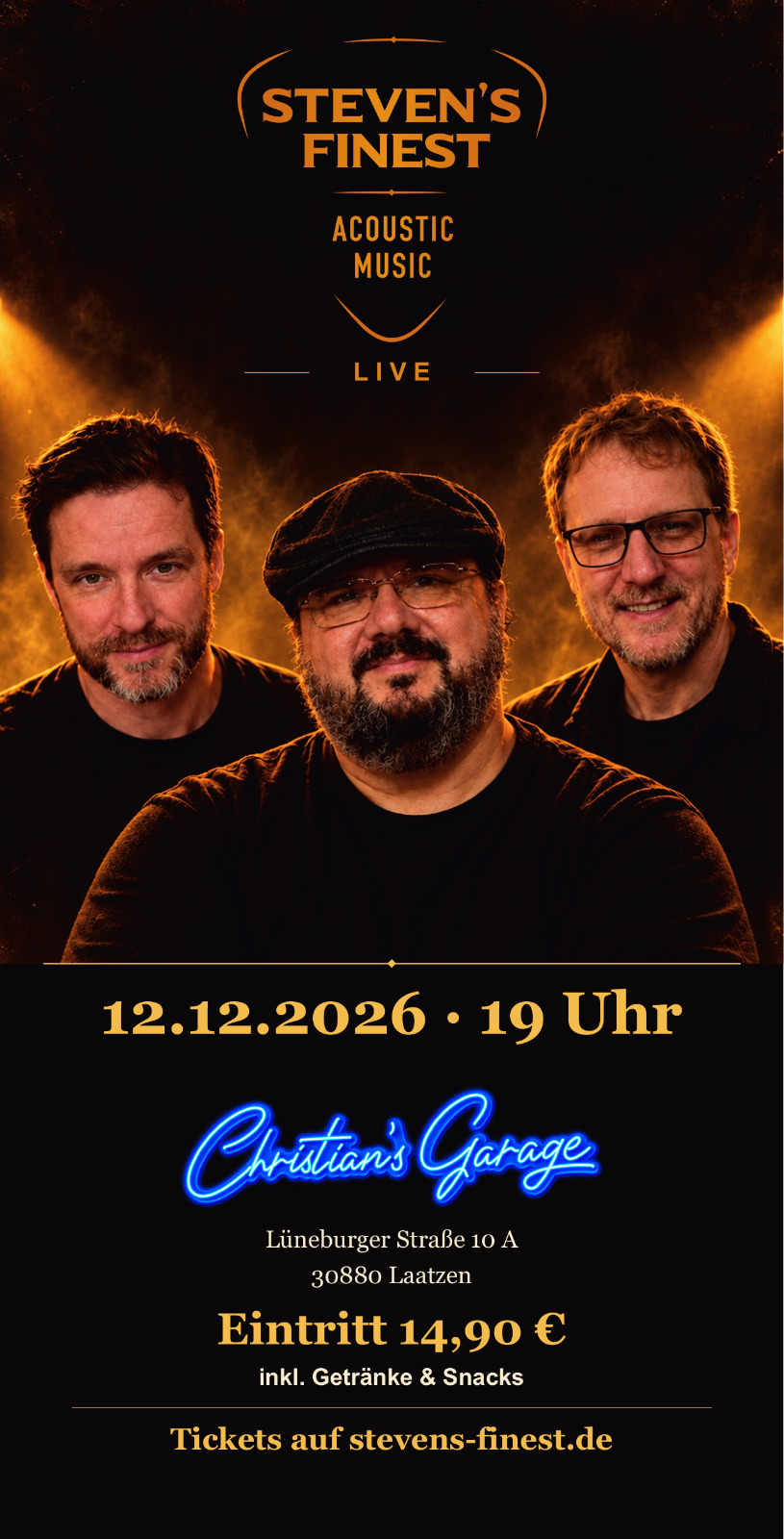 Konzertflyer: Steven’s Finest in Christian’s Garage am 12. Dezember 2026 um 19 Uhr